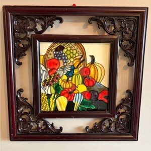 Large Stained Glass style 3D Fruit Wall Art in a decorative frame 15”x15”.